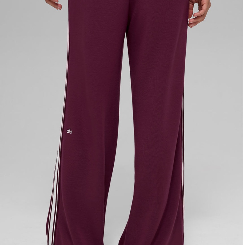 NWT Alo Track Star Wide Leg Pant. Burgundy Wide-Leg Pants with White Stripes - Picture 5 of 8
